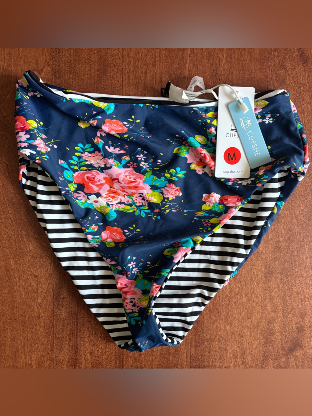 Cupshe Floral Swim Bottoms with Black & White Stripe, reversible. High waist.